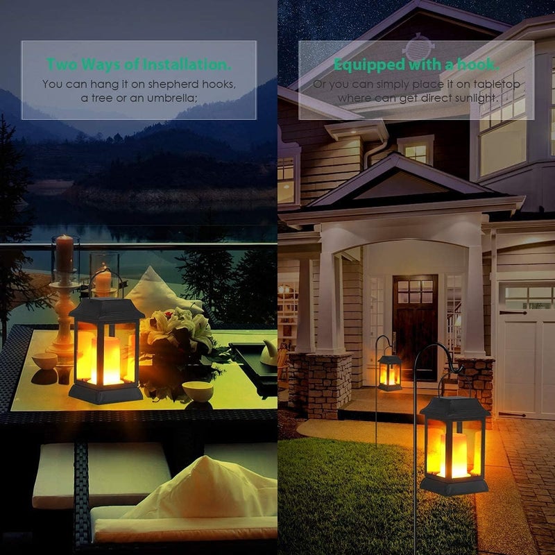 TomCare Solar Lights Metal Flickering Flame Solar Lantern Outdoor Hanging Lanterns Decorative Lighting Heavy Duty Solar Powered Waterproof Umbrella Lighting for Garden Yard Patio Deck, 2 Pack（Black） - Image 5